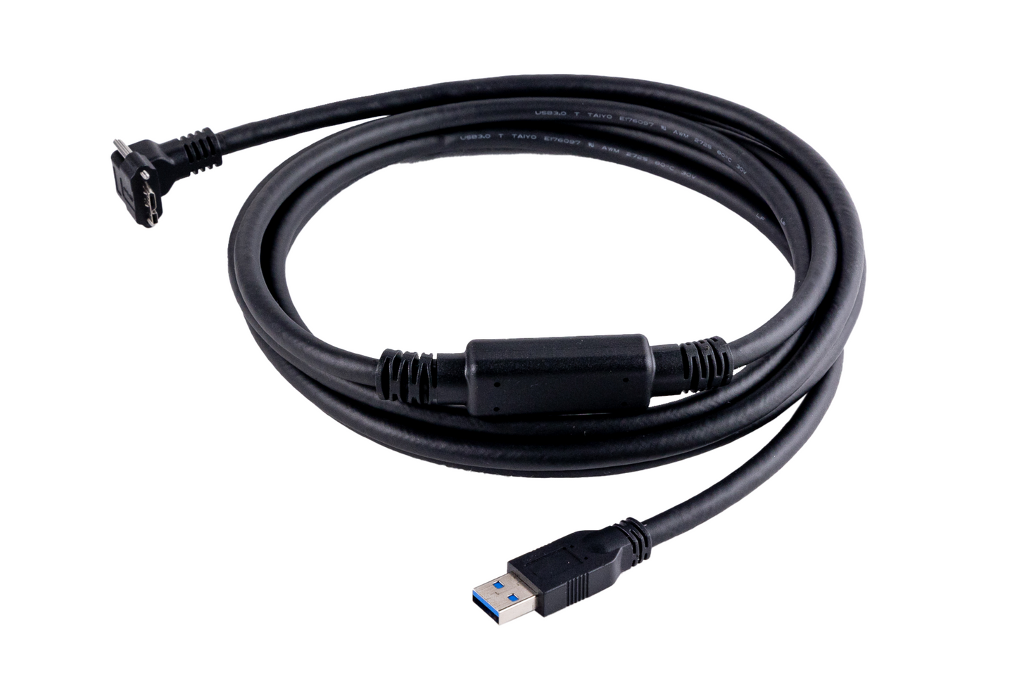 高屈曲、ライトアングル(下向き)USB3.2 ACC/Type A - Micro-B ケーブル スクリューロック付