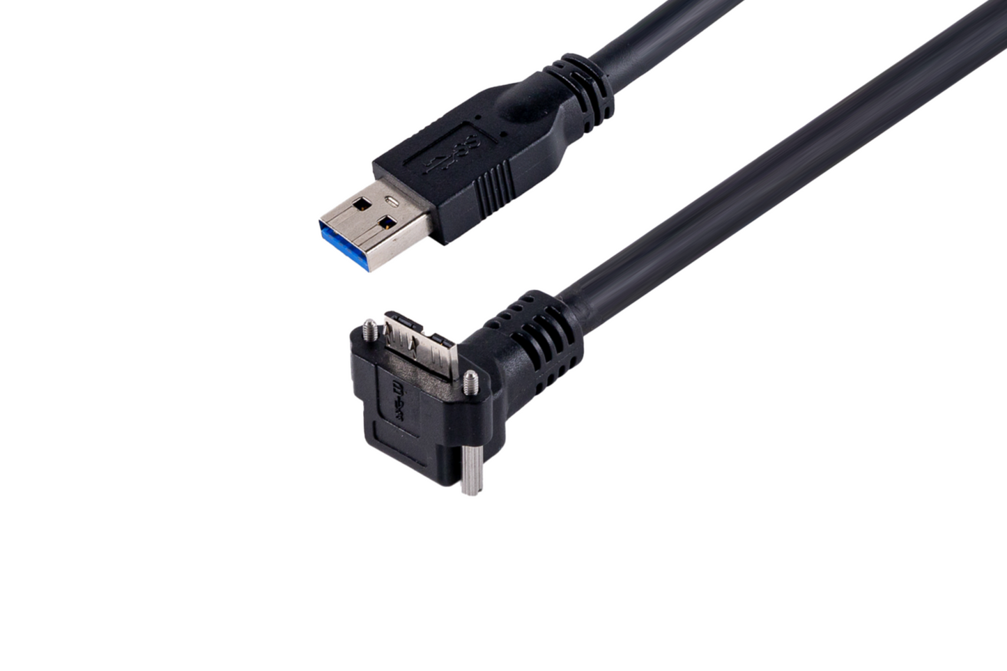 高屈曲、ライトアングル(下向き)USB3.2/Type A - Micro Bケーブル スクリューロック付